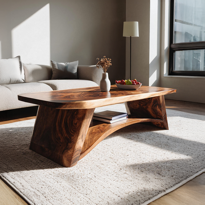 Solid Wood Coffee Table with Arched Base and Organic Edge Top