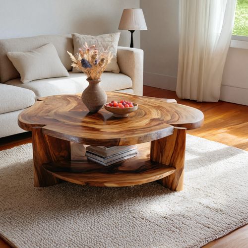 Live Edge Round Solid Wood Coffee Table Natural Wood Center Table with Shelf