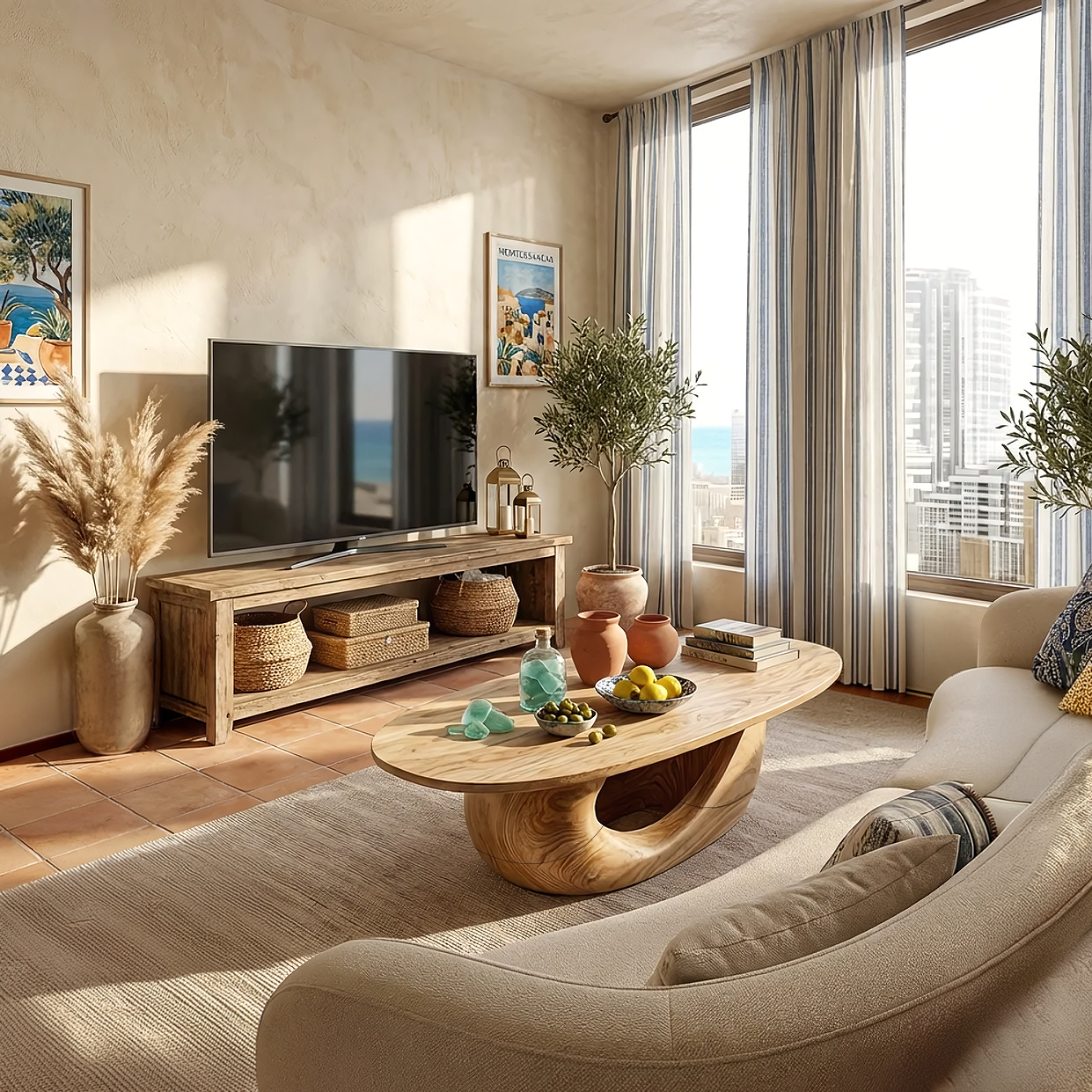 Sculptural Oval Coffee Table with Curved Base in Natural Wood