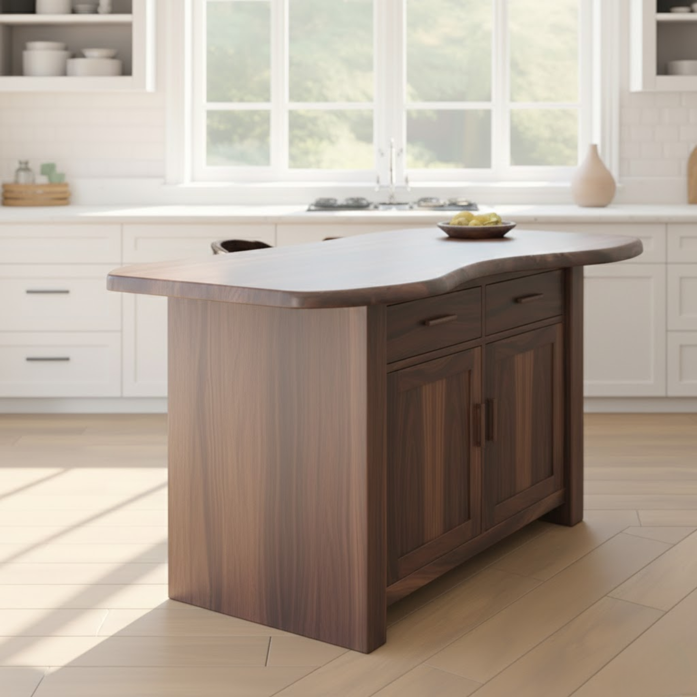 Handcrafted Solid Wood Kitchen Island with Live-Edge Curved Top and Spacious Storage Kitchnce