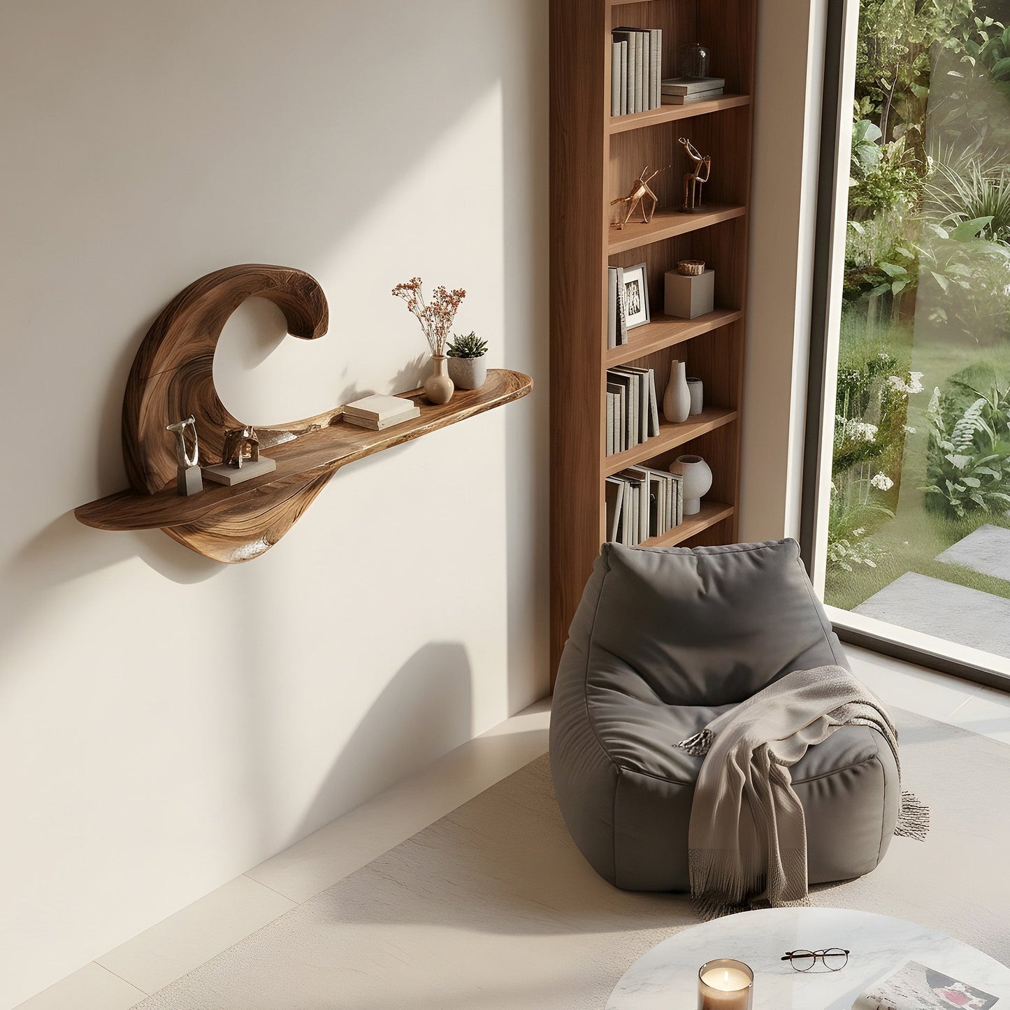 Wave Sculptural Floating Wall Shelf in Natural Wood