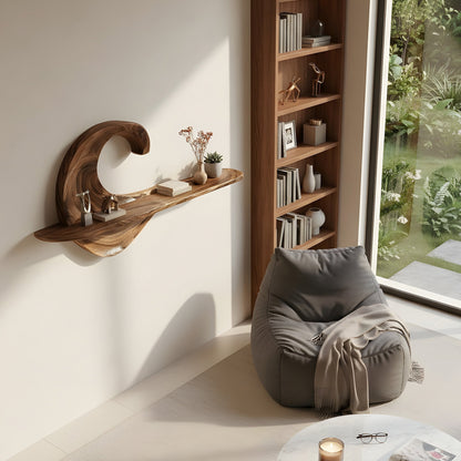 Wave Sculptural Floating Wall Shelf in Natural Wood