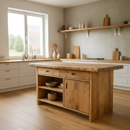 Handcrafted Solid Wood Kitchen Island with Open Shelves and Sliding-Door Storage Kitchnce