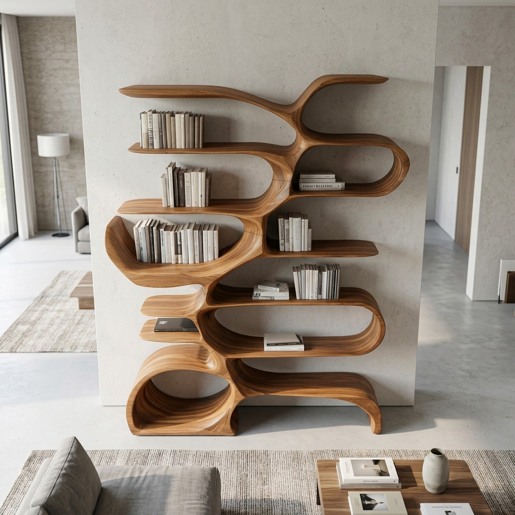 Sculptural Wooden Bookcase For Modern Living Room Storage Kitchnce