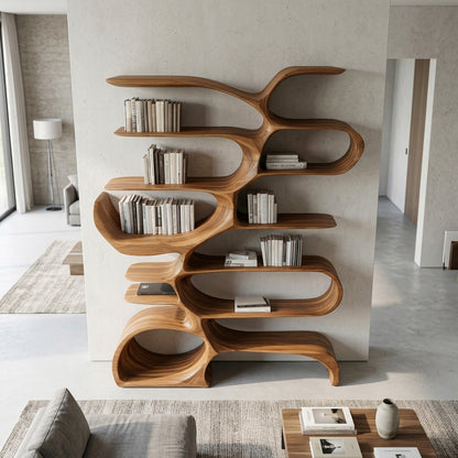Sculptural Wooden Bookcase For Modern Living Room Storage Kitchnce