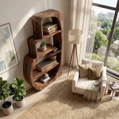Organic Wood Bookshelf With Multiple Storage Levels For Living Room Kitchnce