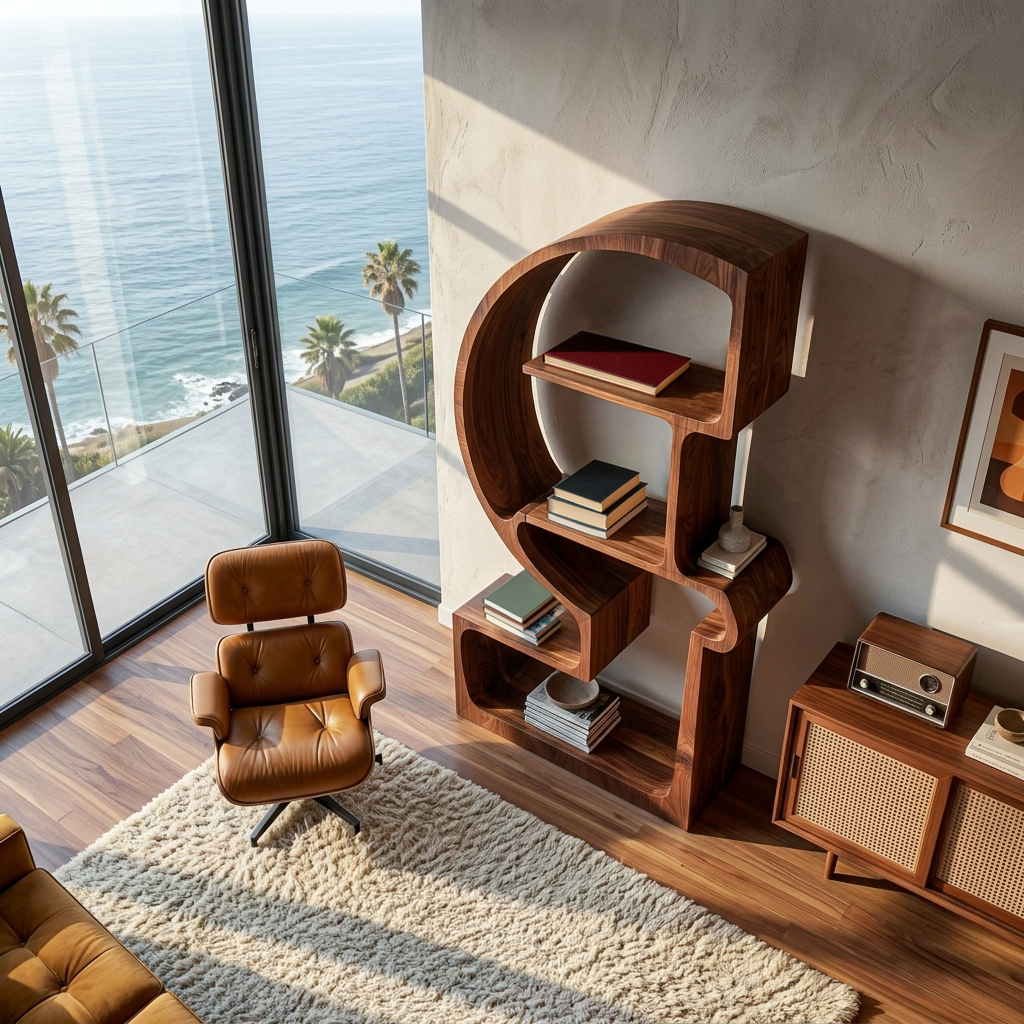 Artistic Wooden Bookshelf With Unique Curved Structure For Home Kitchnce