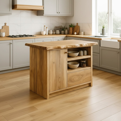 Handcrafted Solid Wood Kitchen Island with Live-Edge Top and Open Storage Shelves Kitchnce