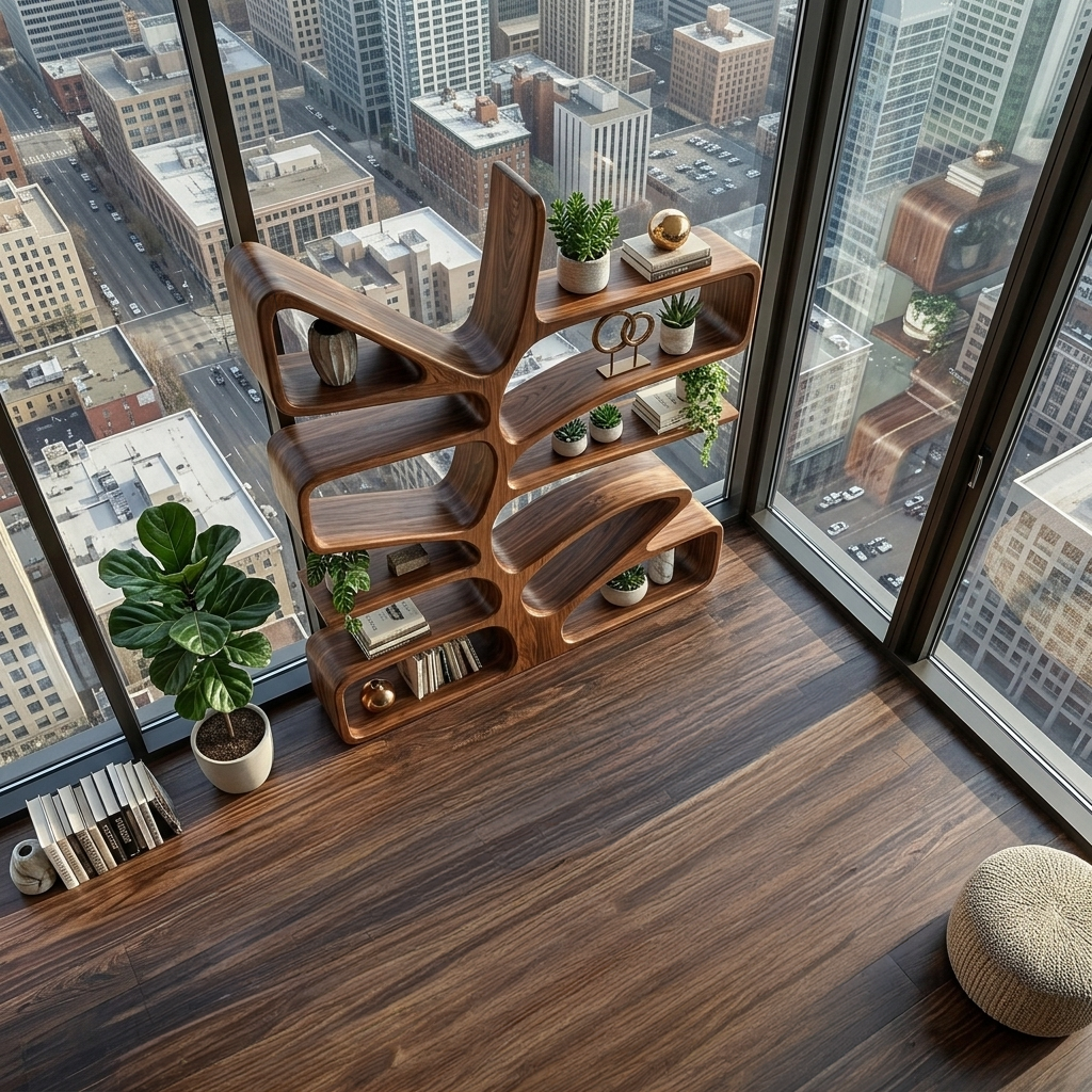 Organic Wooden Bookcase With Sculptural Form For Living Space Kitchnce