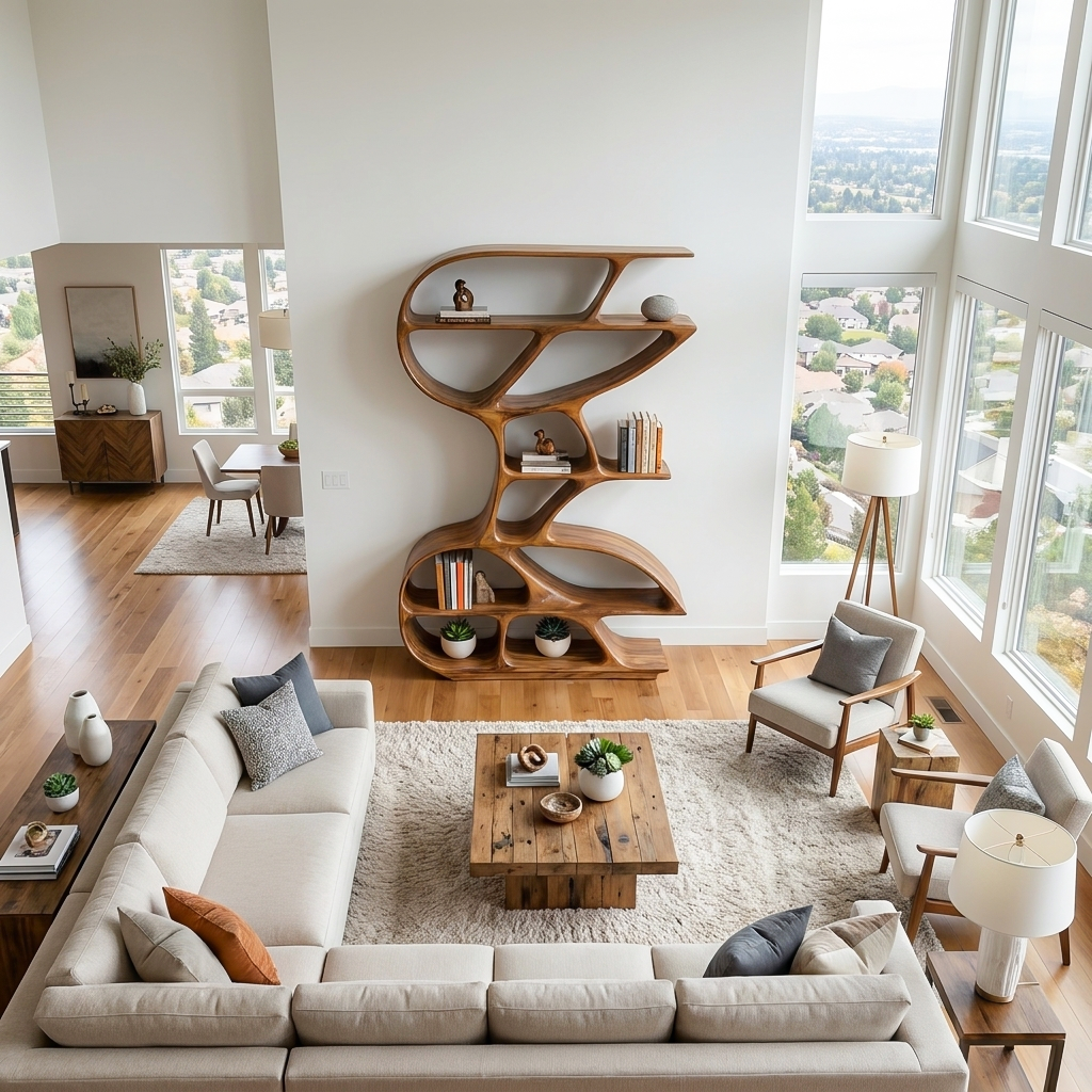 Wooden Bookshelf Unique Sculptural Design For Modern Living Room Kitchnce