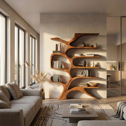 Contemporary Sculpted Wooden Bookshelf For Living Room Decor Kitchnce