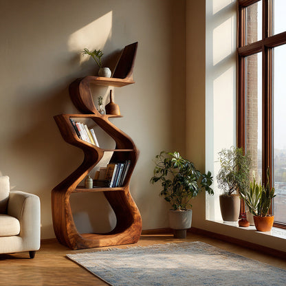 Sculptural Wooden Bookshelf For Living Room Corner Kitchnce