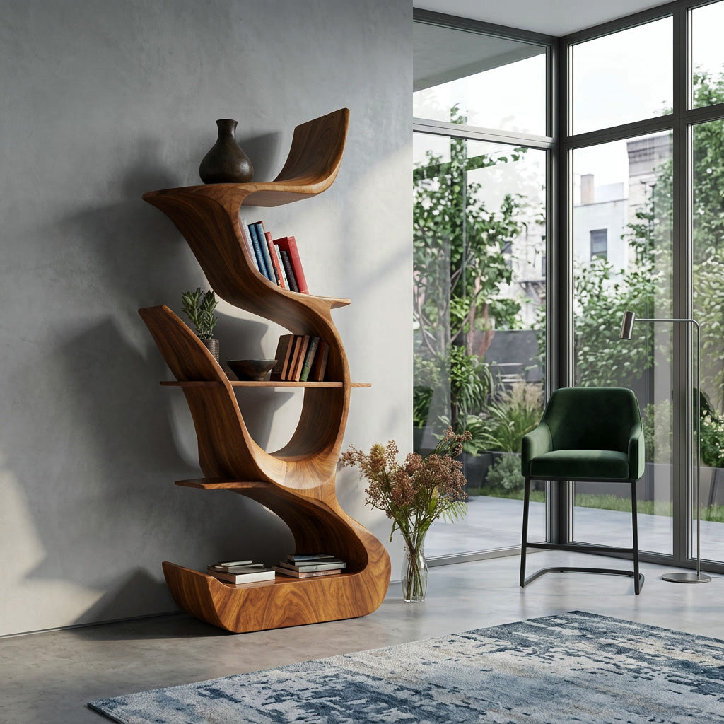 Contemporary Organic Wooden Bookshelf For Living Room Corner Kitchnce