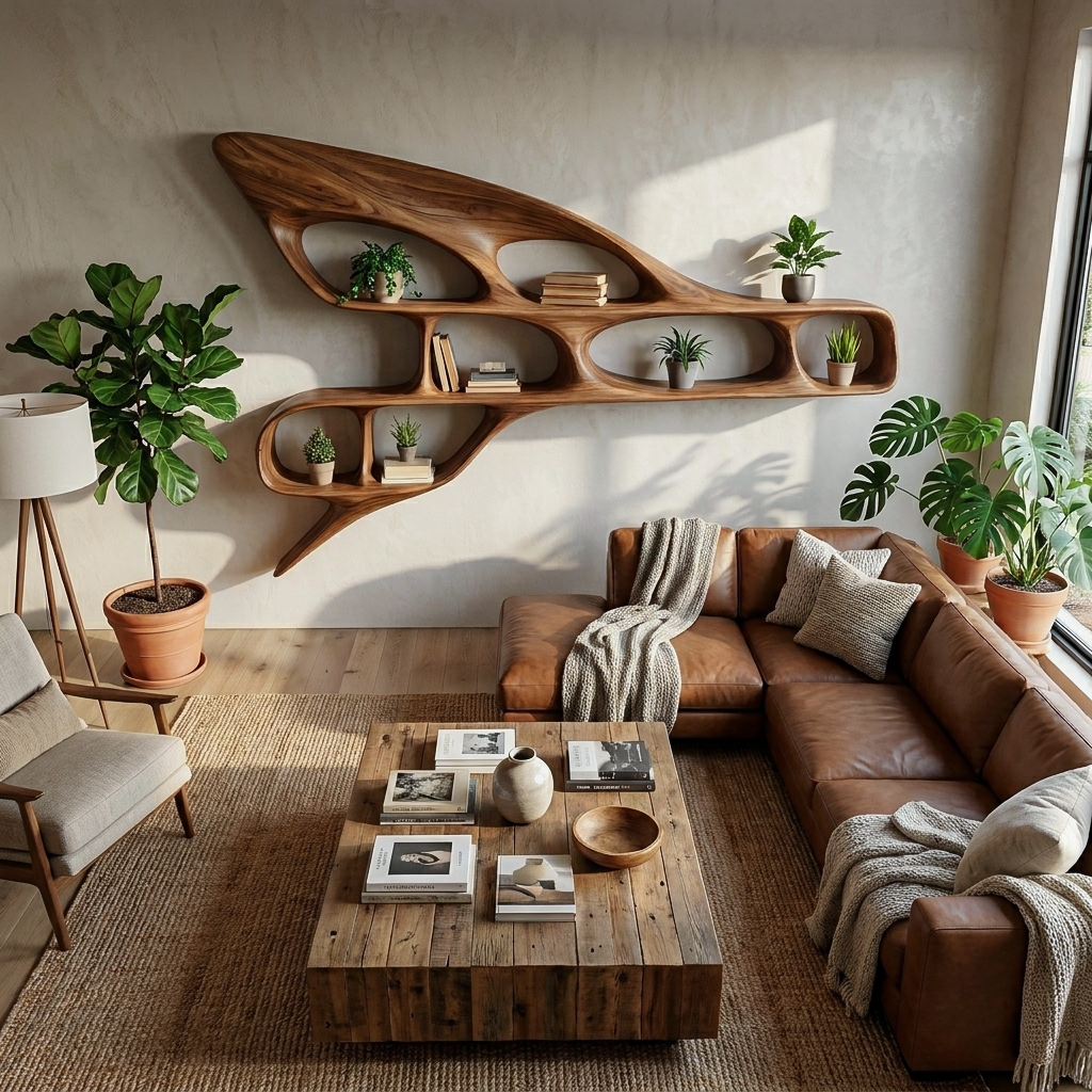 Organic Wooden Wall Bookshelf For Luxury Interior Kitchnce