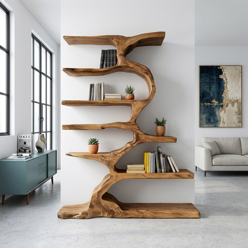 Organic Sculptural Wooden Bookshelf With Tiers For Living Room Kitchnce