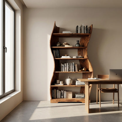 Contemporary Flowing Wooden Bookshelf For Living Room Kitchnce
