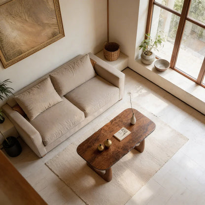 Live Edge Natural Wood Coffee Table with Dual Circular Sculpted Base