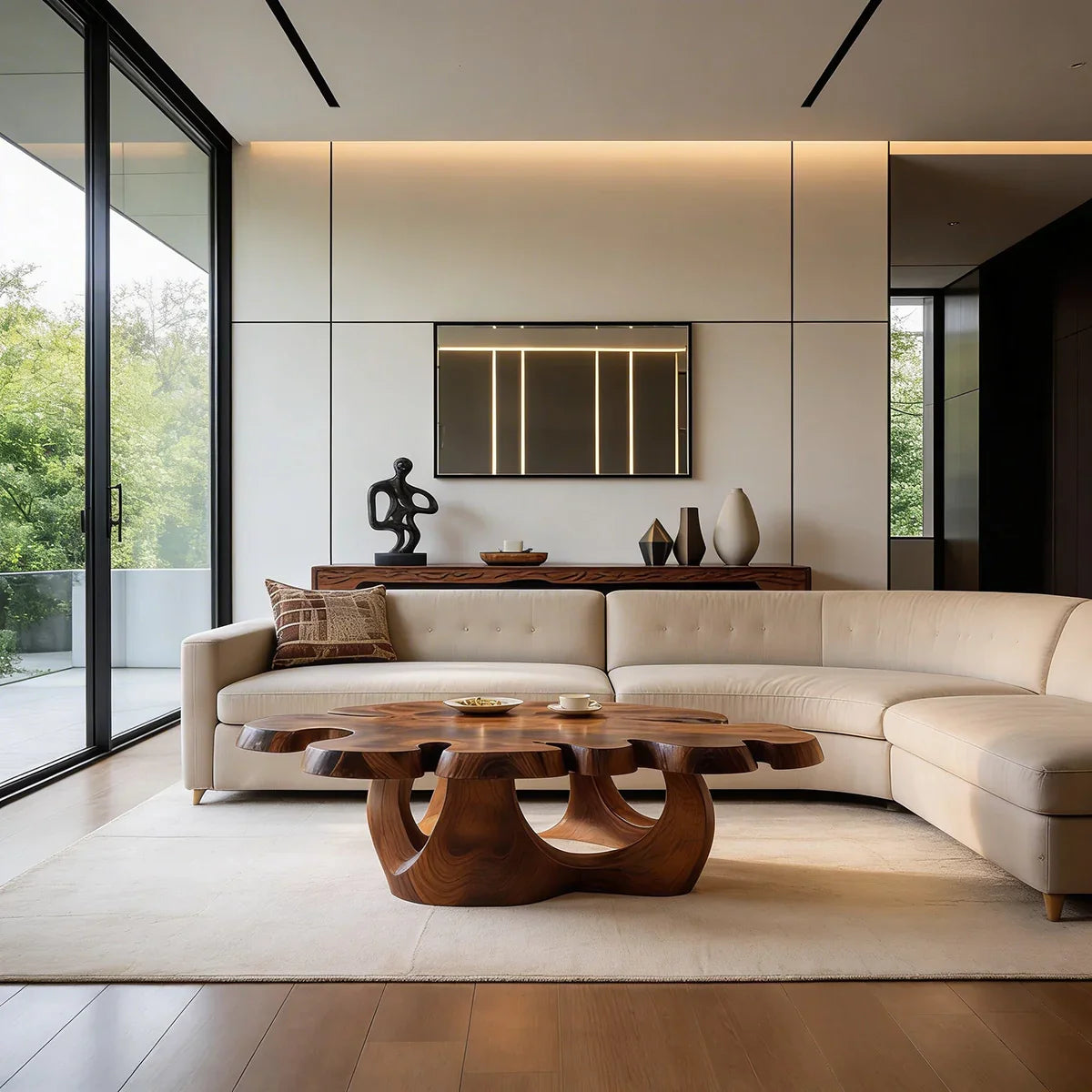 Sculptural Live Edge Natural Wood Coffee Table with Multi-Form Base