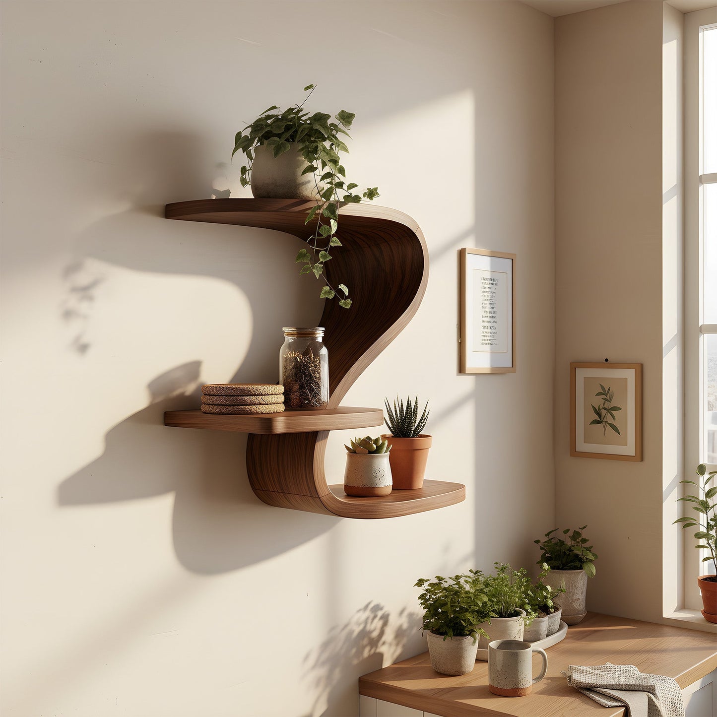 Curved S-Shaped Floating Wall Shelf with Tiered Display