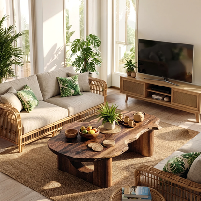 Live Edge Sculptural Coffee Table with Solid Base in Natural Wood