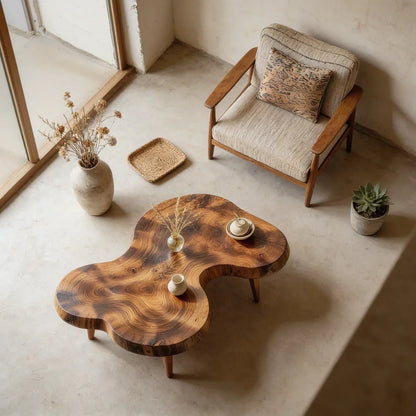 Organic Freeform Natural Wood Coffee Table with Rounded Edge Design