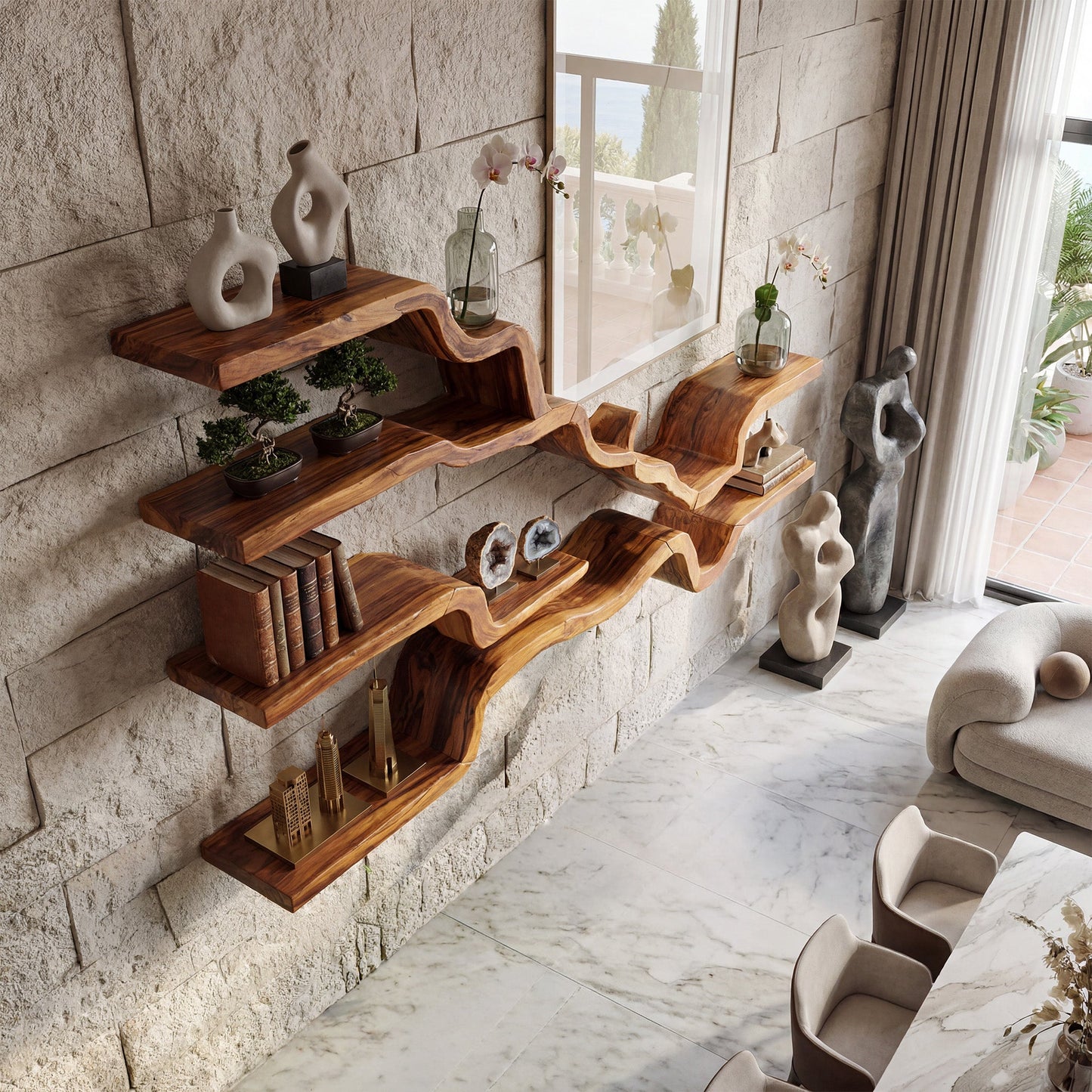 Sculptural Wall-Mounted Shelf With Flowing Open Display
