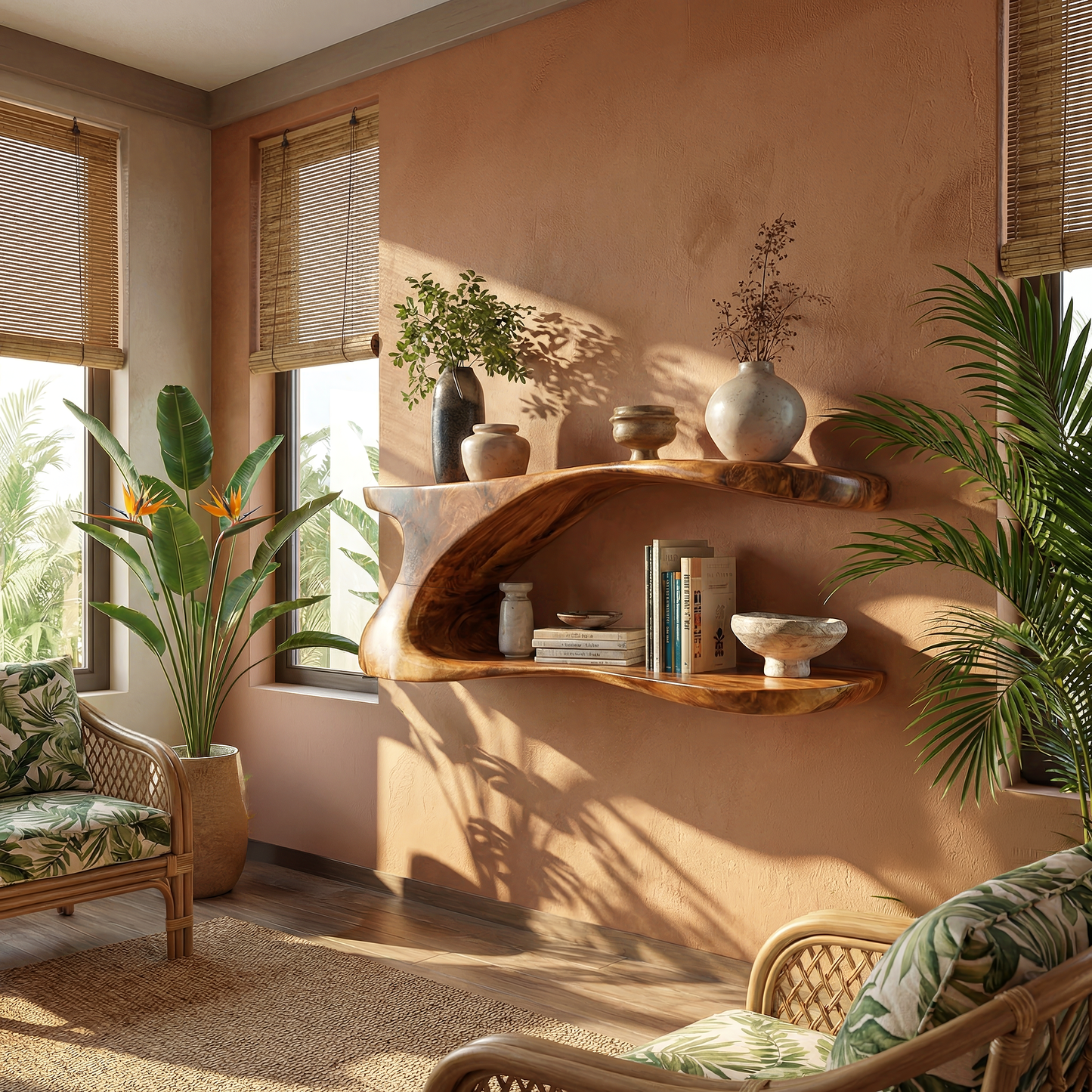 Natural Wood Floating Shelf with Sculptural Dual-Level Curve