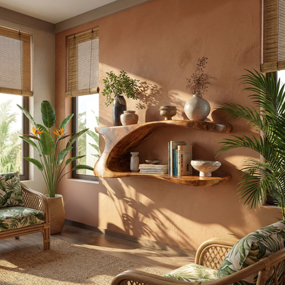 Natural Wood Floating Shelf with Sculptural Dual-Level Curve