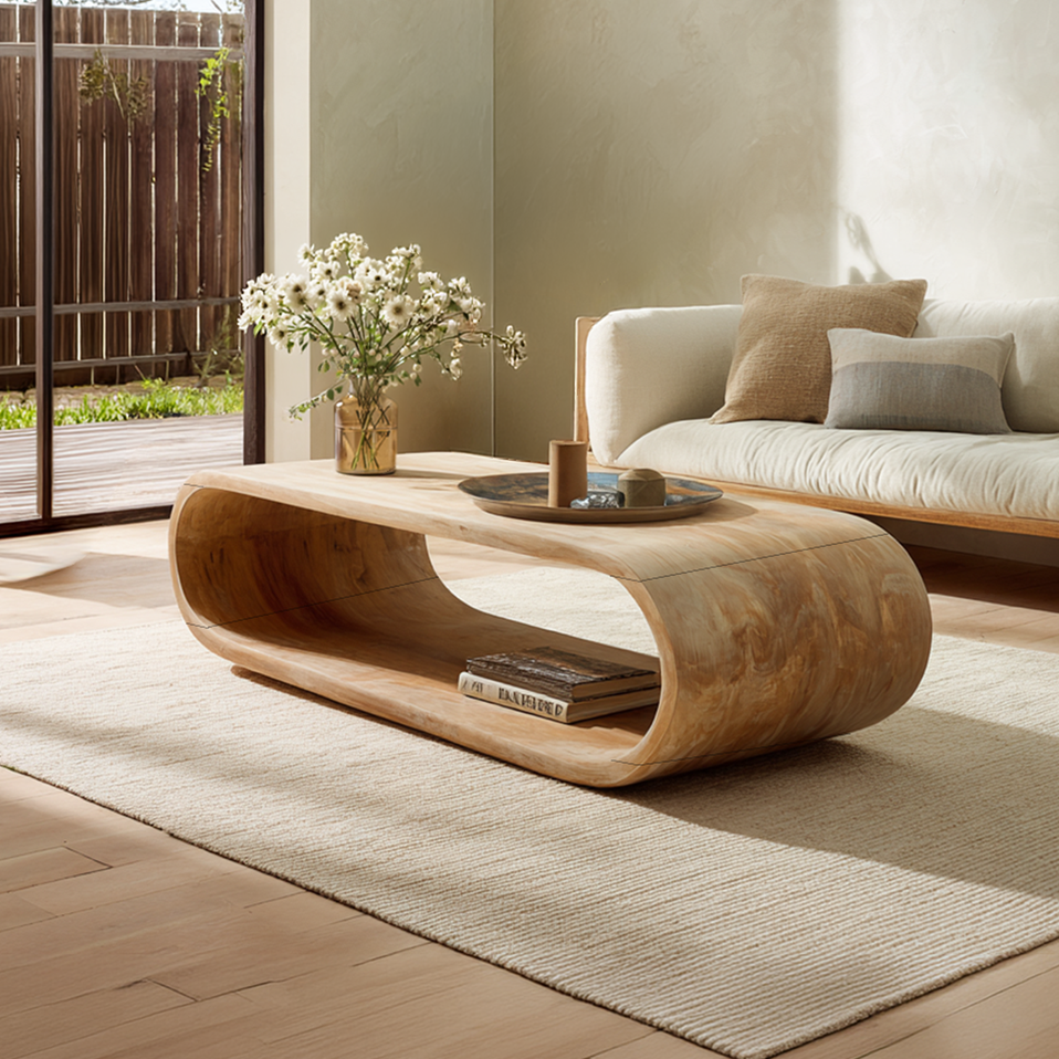 Curved Waterfall Coffee Table with Open Storage Shelf