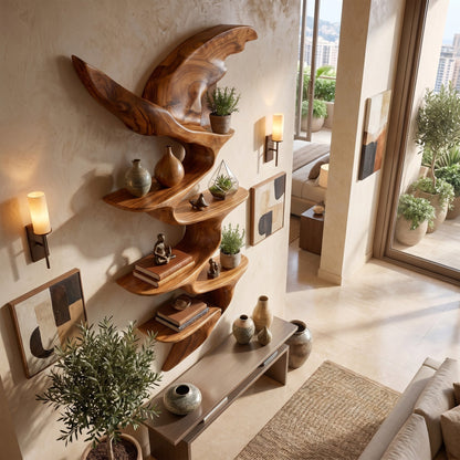 Wing Form Wood Wall Shelf With Sculptural Display