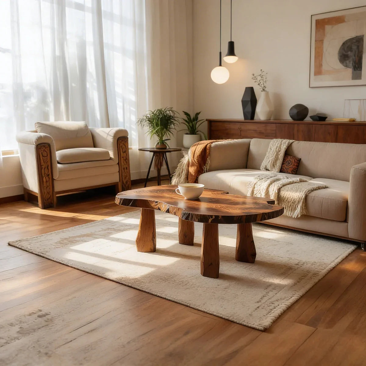 Live Edge Natural Wood Coffee Table with Solid Block Leg Base