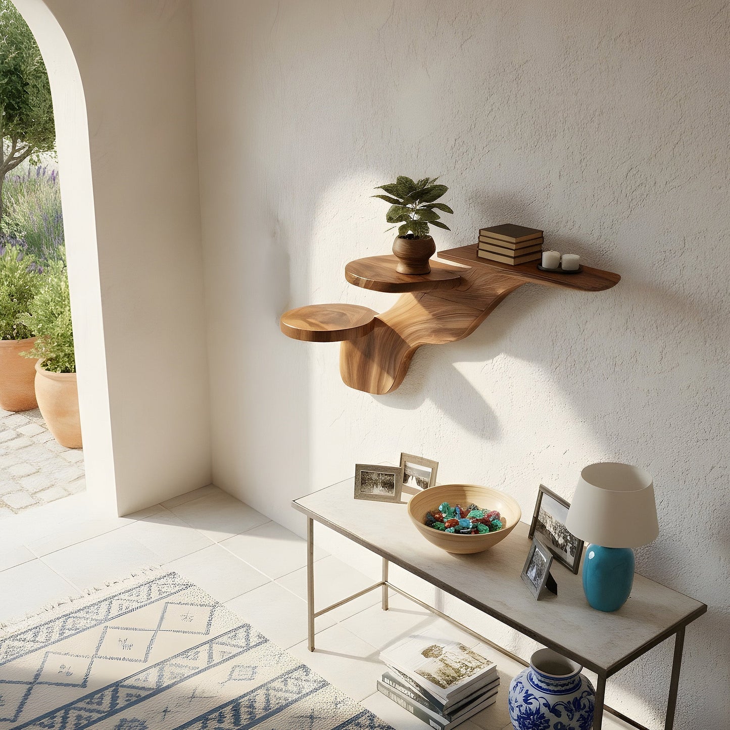 Multi-Level Sculptural Floating Wall Shelf in Natural Wood