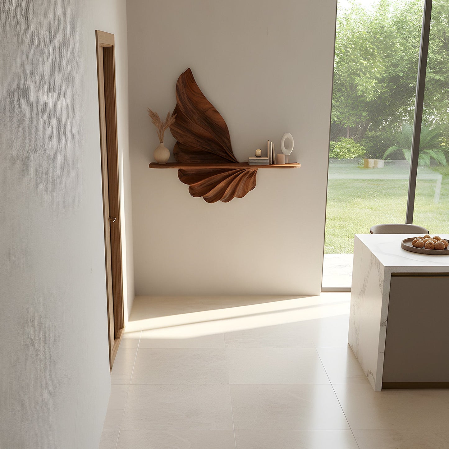 Leaf-Inspired Sculptural Floating Wall Shelf in Natural Wood