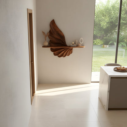 Leaf-Inspired Sculptural Floating Wall Shelf in Natural Wood