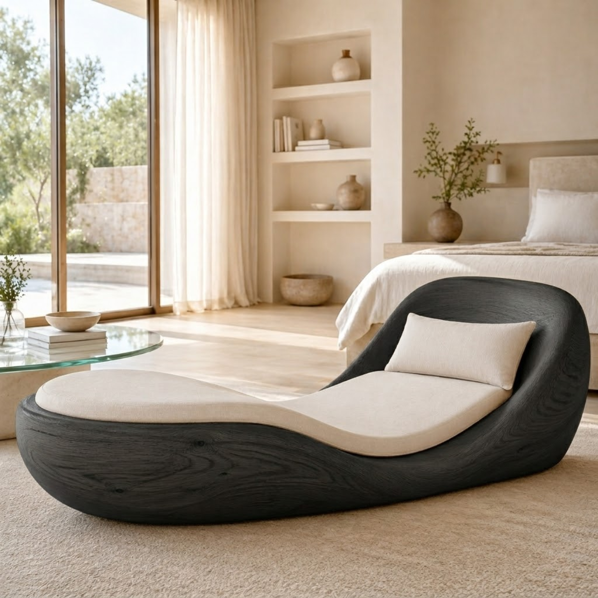 Modern Curved Chaise Lounge Sculptural Daybed with Cushion for Bedroom Decor