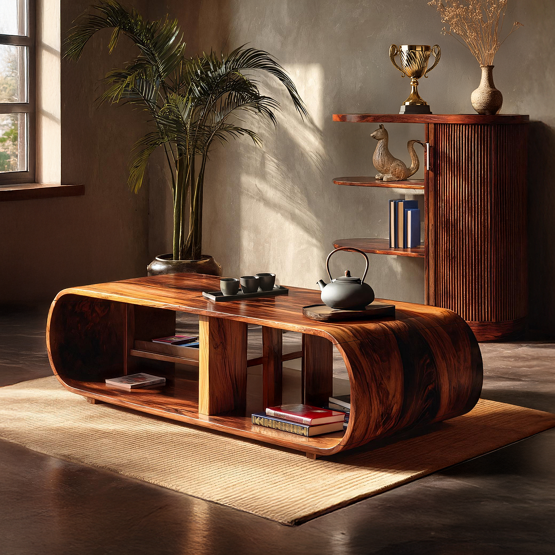 Curved Waterfall Coffee Table with Integrated Open Shelving