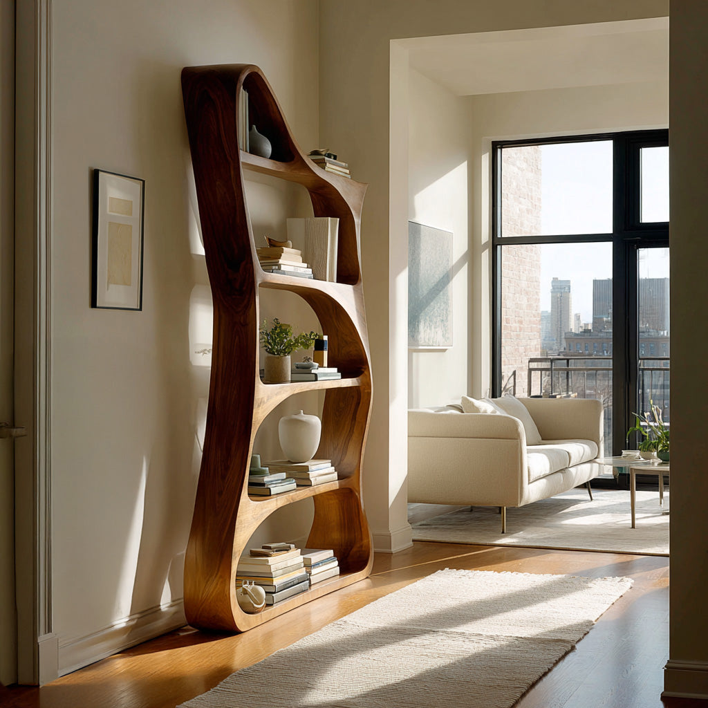 Modern Sculptural Natural Wood Bookshelf For Living Room Kitchnce