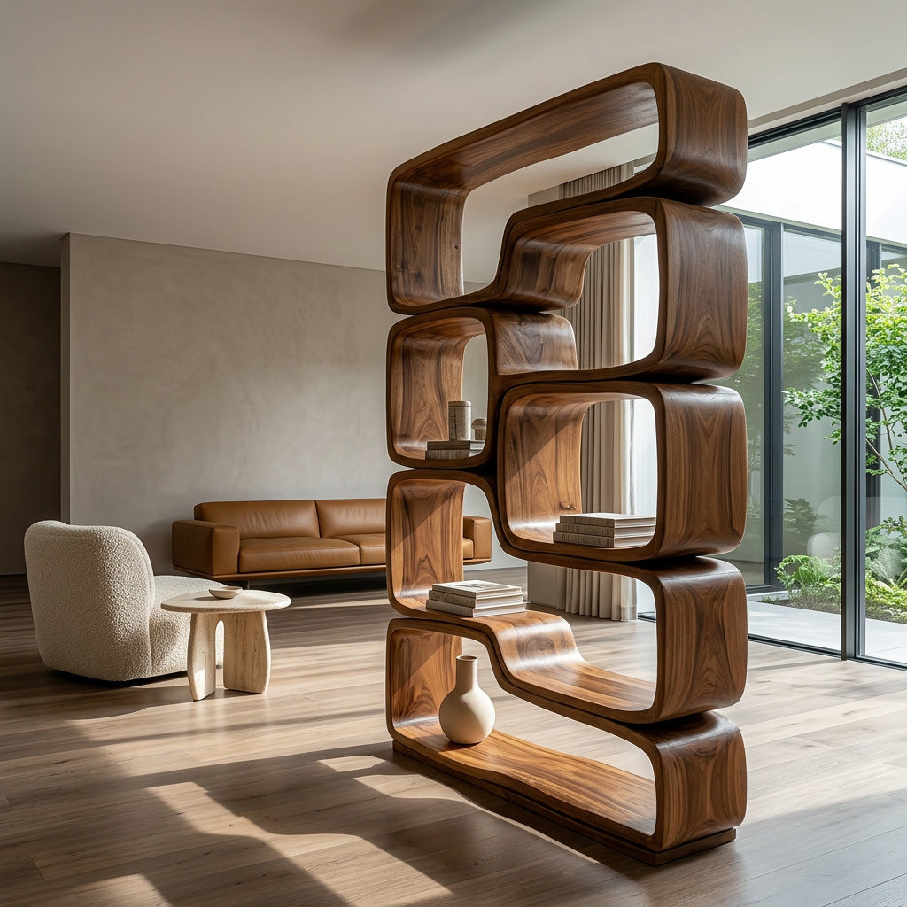 Contemporary Sculptural Natural Wood Bookshelf For Living Room Kitchnce