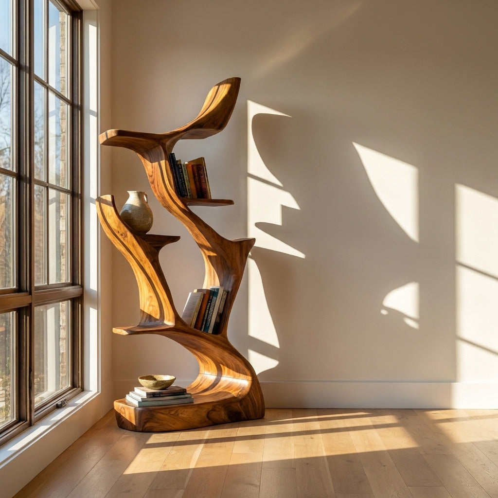 Abstract Sculptural Wooden Bookshelf For Living Room Kitchnce
