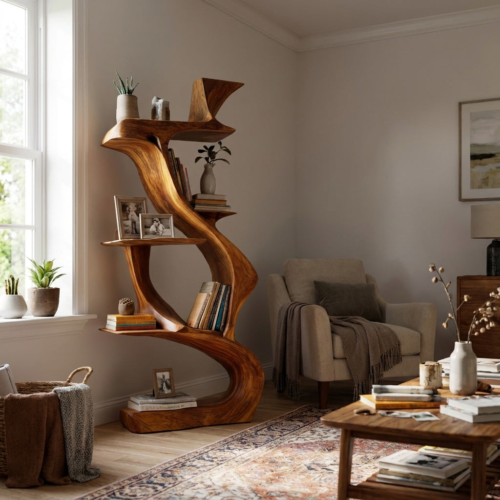 Sculptural Natural Wood Bookshelf For Living Room Kitchnce