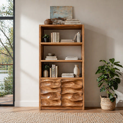Minimal Wooden Bookshelf With Wavy Drawer Front For Home Kitchnce