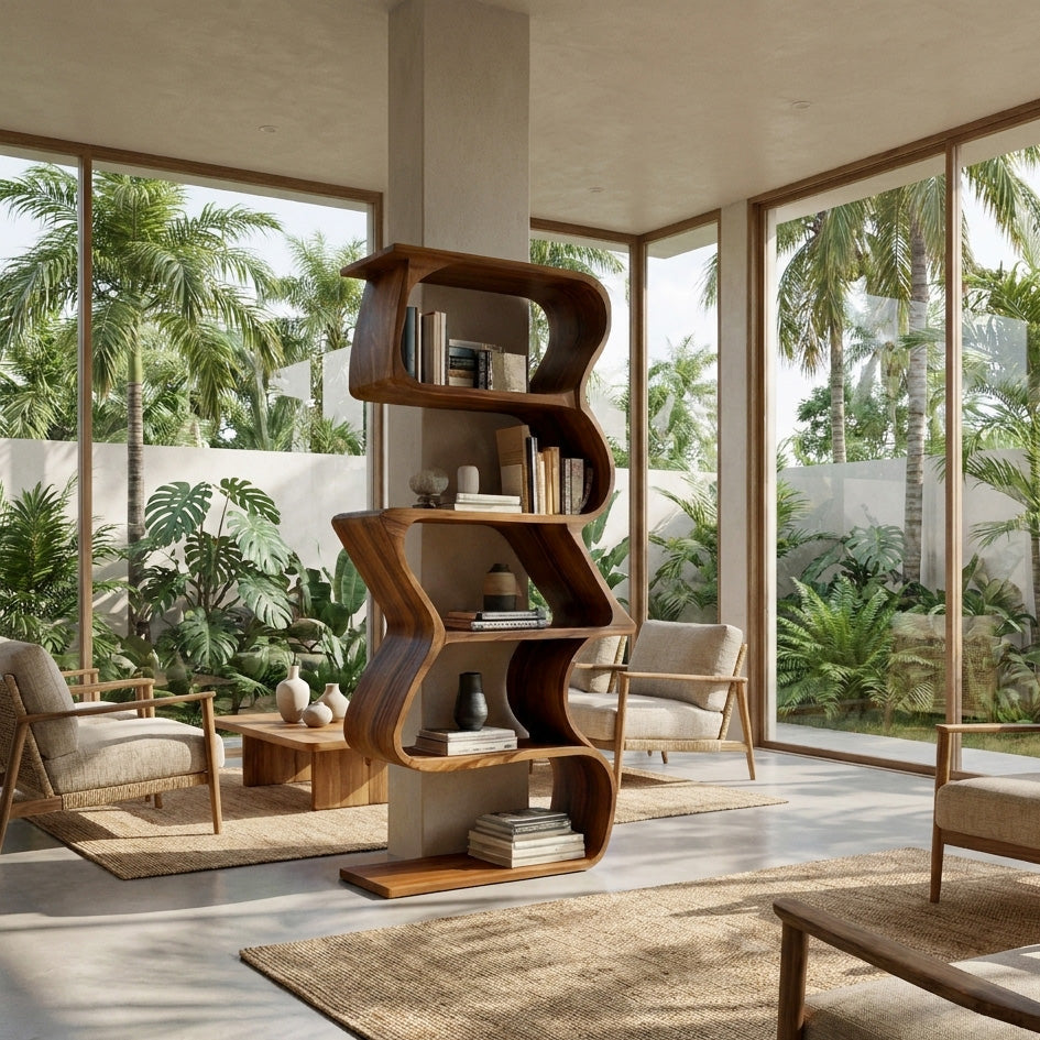 Modern Sculptural Wooden Bookshelf For Home Display Kitchnce