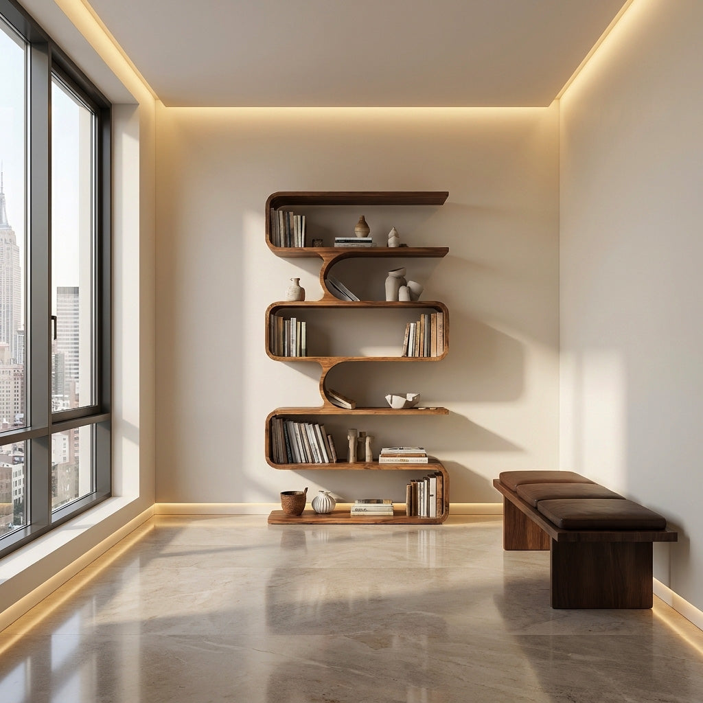 Handcrafted Wooden Bookshelf With Sculpture Edges For Living Room Kitchnce