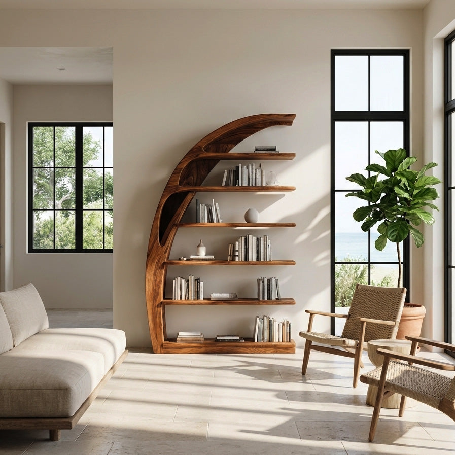 Minimal Curved Wooden Bookshelf For Living Room Display Kitchnce
