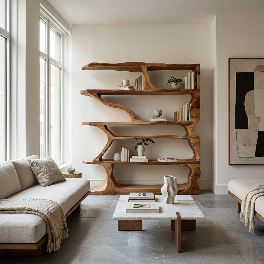 Contemporary Artistic Wooden Bookshelf For Living Room Storage Kitchnce