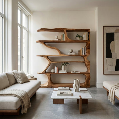 Contemporary Artistic Wooden Bookshelf For Living Room Storage Kitchnce