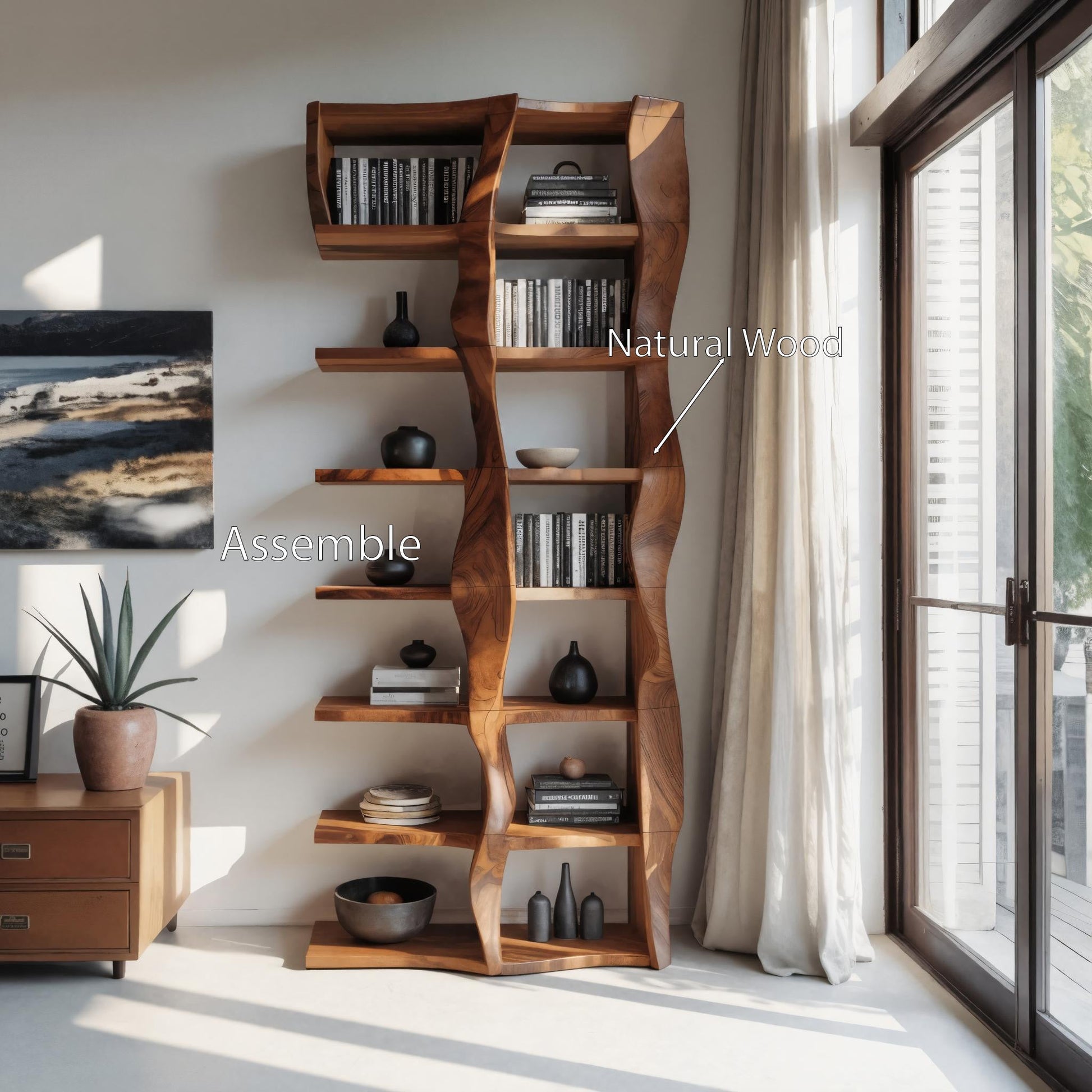 Sculptural Bookshelf With Flowing Wave Design For Living Room Kitchnce
