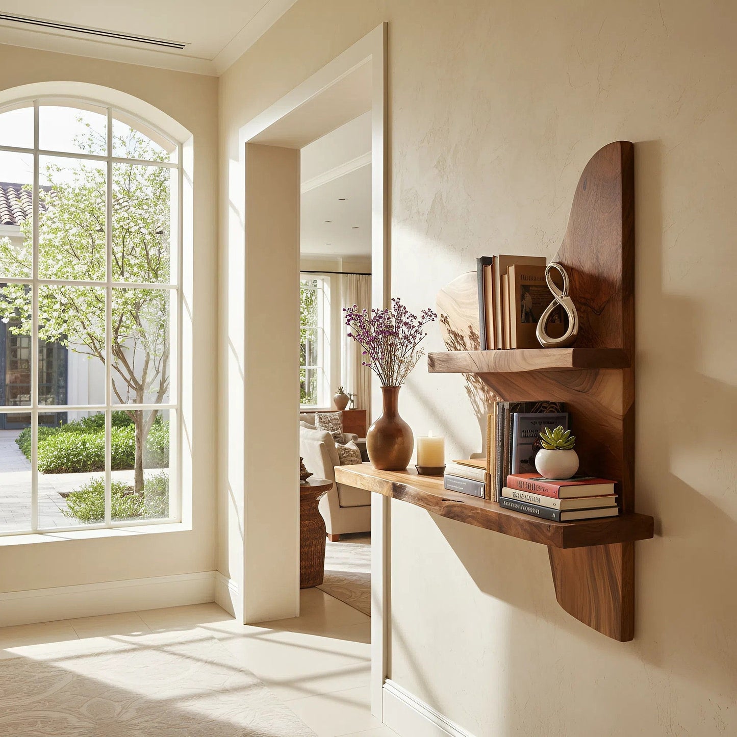 Asymmetrical Two-Tier Wall Shelf in Natural Wood with Sculptural Form