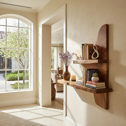 Asymmetrical Two-Tier Wall Shelf in Natural Wood with Sculptural Form