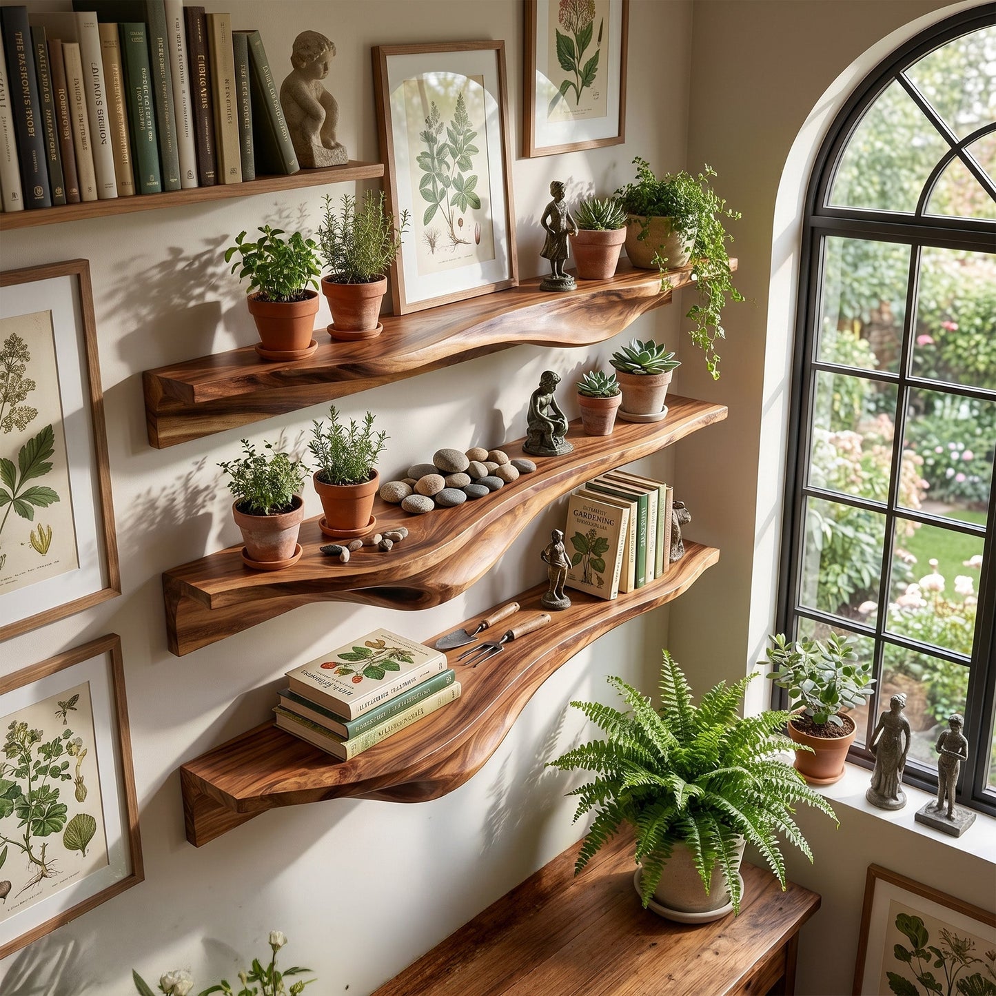 Live Edge Solid Wood Wall-Mounted Shelf for Plants and Decor